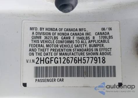 2006 Honda Civic Lx from USA, damaged, VIN 2HGFG12676H577918